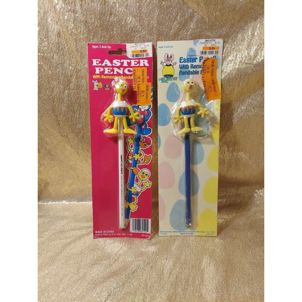 2 Vintage NOS Easter Pencils, Removable Bendable Chick Figure Easter Basket